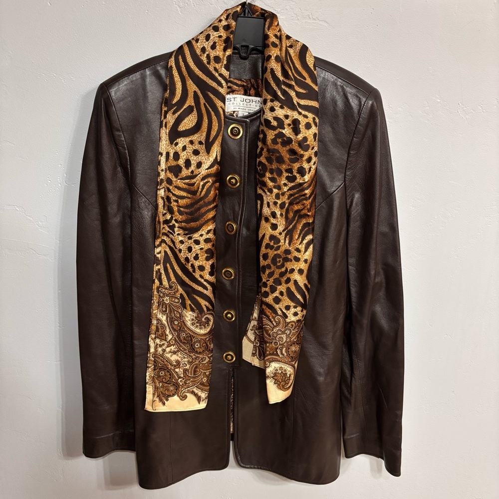 NWOT St. John Collection Dark Brown Leather Jacket with Animal Print Scarf Sz L